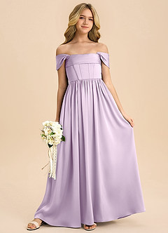 Azazie Hattie Junior Abito A-Line in Raso Elasticizzato Plissettato Lilla Glassato image3