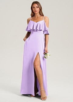Azazie Jean Bridesmaid Dresses Lilac A-Line Off the Shoulder Stretch Satin Dress image3