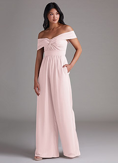 Azazie Lamara Robes de demoiselle d'honneur Combinaison Convertible en Mousseline de soie Épaule décolletée Rose Pâle image4