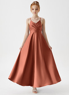 Azazie Avelina Junior Clay A-Line Pleated Stretch Satin Dress image5