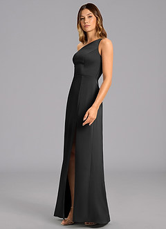 Azazie Phaedra At-home Try On Dresses Black A-Line One Shoulder Stretch Satin Dress image5