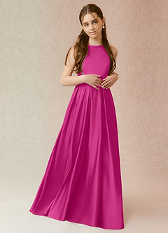 Azazie Arianthe Junior Fuchsia A-Line with Pockets Stretch Satin Dress image1