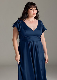 Azazie Omari Bridesmaid Dresses Dark Navy A-Line Stretch Satin Dress image12