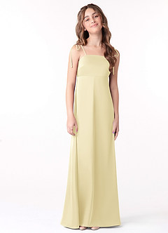Azazie Violeta Junior Lemon Sorbet A-Line Bow Stretch Satin Dress image1