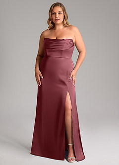 Azazie Saige Bridesmaid Dresses Desert Rose Sheath Off the Shoulder Stretch Satin Dress image16