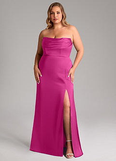 Azazie Saige Bridesmaid Dresses Fuchsia Sheath Off the Shoulder Stretch Satin Dress image16