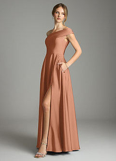 Azazie Melanie Suknie dla druhen Linia A Zza ramienia Satyna elastyczna Do ziemi Sukienka image4