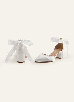 front Satin Pearl and Bow Pointed Toe Block Heels