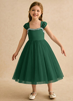Azazie Yosemite Robe Demoiselle D'honneur Fillette Robe Princesse en Tulle Encolure en Forme de Cœur Vert Foncé image4