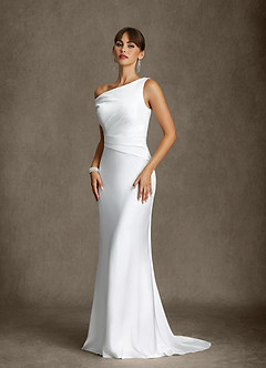 Azazie Ciara Trouwjurken Jurk van Stretch Satijn met Zeemeermin Off-shoulder Diamant Wit image2