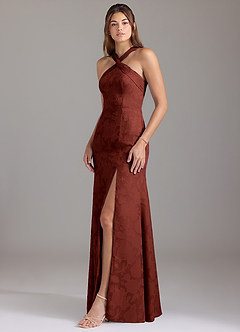 Azazie Rue Bridesmaid Dresses Terracotta A-Line Pleated Floral Burnout Dress image3