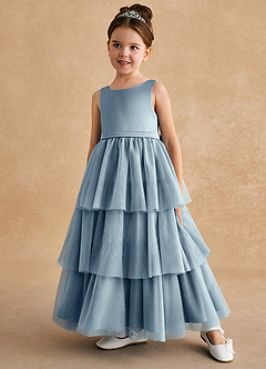 Azazie Megallie Robe Demoiselle D'honneur Fillette Robe Trapèze en Tulle Arc Bleu Poussiéreux image2