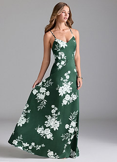 Azazie Mei Bridesmaid Dresses Green Botanicals A-Line V-Neck Stretch Satin Dress image4