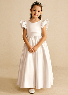 Azazie Piglette Flower Girl Dresses White Alabaster A-Line Bow Matte Satin Dress image4