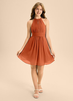 Azazie Bonnie Junior A-Linie Plissee Chiffon Kleid Gebranntes Orange image1