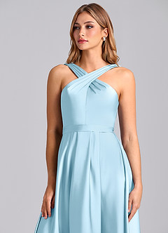 Azazie Dixie 신부 들러리 드레스 A라인 주름진 스트레치 새틴 바닥 길이 드레스 image6