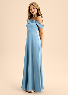 Azazie Anselie Junior Steel Blue A-Line Off the Shoulder Stretch Satin Dress image6