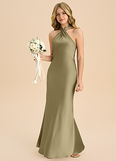 Azazie Chickie Junior Etui Plissee Stretch-Satin Kleid Moosgrün image4