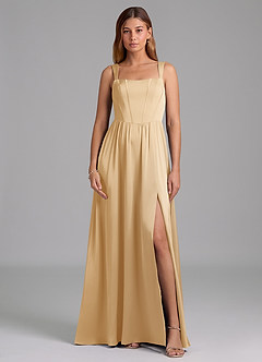 Azazie Rosaline 신부 들러리 드레스 A라인 사이드 슬릿 스트레치 새틴 바닥 길이 드레스 image3