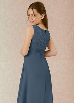 Azazie Snow Junior Vestido de Neptuno de Gasa de Corte en A con Encaje image6