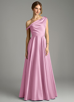 Azazie Xanthe Bridesmaid Dresses Candy Pink A-Line Off the Shoulder Stretch Satin Dress image3