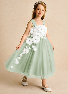 Azazie Dovey Flower Girl Dresses Dusty Sage Ball-Gown Bow Tulle Dress image6