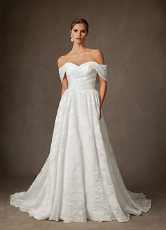 Azazie Carmine Wedding Dresses Diamond White A-Line Off the Shoulder Floral Jacquard Dress image1