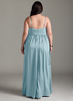 Azazie Alia Bridesmaid Dresses Moody Blue A-Line Pleated Stretch Satin Dress image9