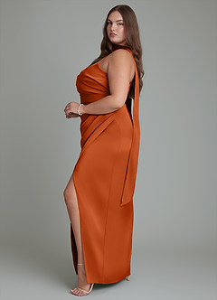 Azazie Calandra Bridesmaid Dresses Burnt Orange Sheath Pleated Stretch Satin Dress image11