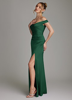 Azazie Teyana Bridesmaid Dresses Dark Green Sheath Off the Shoulder Stretch Satin Dress image6