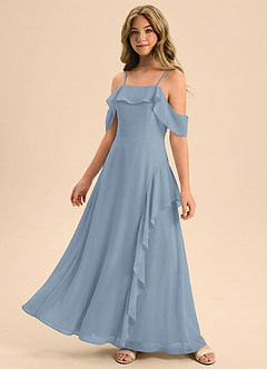 Azazie Junia Junior Robe Trapèze en Mousseline de soie Épaule décolletée Bleu Poussiéreux image1