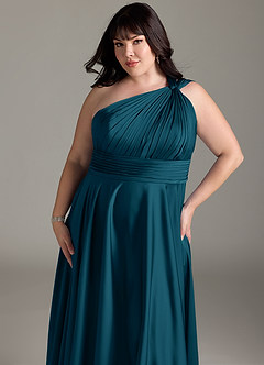 Azazie Charlize Robes de demoiselle d'honneur Robe Trapèze en Satin extensible Asymétrique Bleu Encre image14