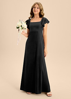 Azazie Bondi Junior Black A-Line Bow Velvet Dress image1