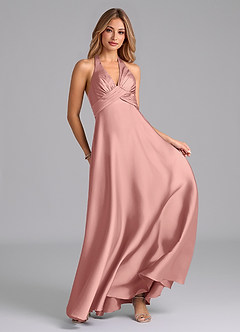 Azazie Tessie 신부 들러리 드레스 A라인 주름진 스트레치 새틴 바닥 길이 드레스 image3