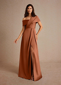 Azazie Milton At-home Try On Dresses Copper A-Line Pleated Stretch Satin Dress image1