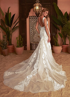 Azazie Delvita Robes de mariée Robe Sirène en Tulle Col V à paillettes Diamant Blanc Champagne image2