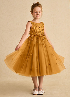 Azazie Lana Robe Demoiselle D'honneur Fillette Robe Trapèze en Mat Satiné Sans manches Caramel écossais image5