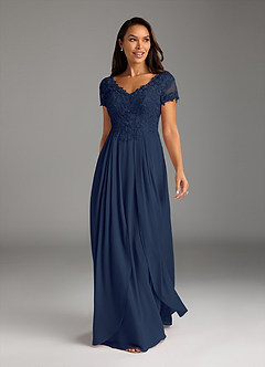 Azazie Dunja Mother of the Bride Dresses Dark Navy A-Line V-Neck Lace Chiffon Dress image10