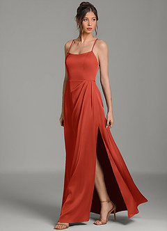 Azazie Frankie Bridesmaid Dresses Rust A-Line Pleated Stretch Satin Dress image5