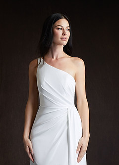 Azazie Tipton At-home Try On Dresses Diamond White Sheath One Shoulder Crepe Back Satin Dress image6