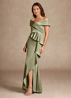 Azazie Dareia Moeder van de bruid jurken Zeemeermin Jurk van Stretch Satijn Off the Shoulder Pistache image7