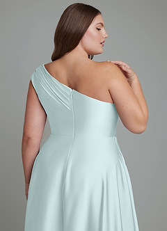 Azazie Melanie Bridesmaid Dresses Sea Glass A-Line Off the Shoulder Stretch Satin Dress image13