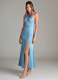 Azazie Rue Bridesmaid Dresses Steel Blue Mermaid Pleated Stretch Satin Dress image4
