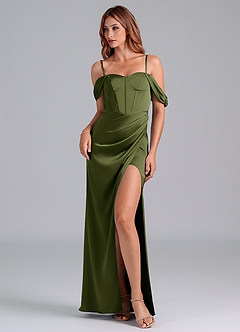 Azazie Asha Jurken voor bruidsmeisjes Converteerbaar Jurk van Stretch Satijn met Kolom Off the Shoulder Olijf image6