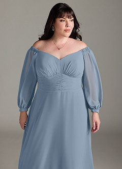 Azazie Rubina Bridesmaid Dresses Dusty Blue A-Line Long Sleeve Chiffon Dress image11