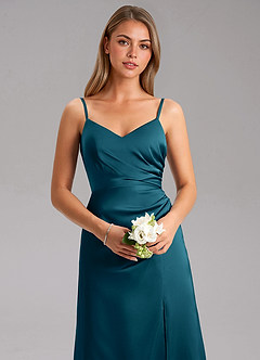 Azazie Azuree Bridesmaid Dresses Ink Blue A-Line Pleated Stretch Satin Dress image8