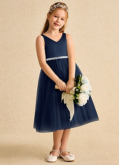 Azazie Firefly Flower Girl Dresses Dark Navy A-Line Bow Matte Satin Dress image3