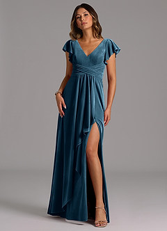 Azazie Omari Bridesmaid Dresses Blue Topaz A-Line Pleated Velvet Dress image4