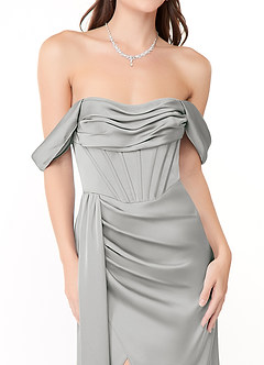 Azazie Amyra Robes de demoiselle d'honneur Robe Fourreau Convertible en Satin extensible Épaule décolletée Argent image7