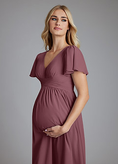 Azazie Verna vestidos de dama de honor de maternidad Vestido de Corte en A Cuello en V fruncido Hasta el suelo Gasa image5